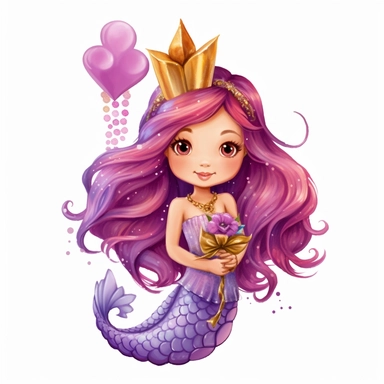 kids, mermaid with purple tail, wearing a birthday sash and gold crown, clip art