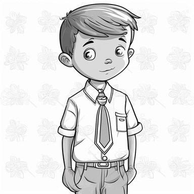 boy dressed, work uniform, realistic uniform, different cultural, simple ,informative, clipart style, children book colouring art, no colour, cute, kid friendly, black and white, cartoon style, vector image, simple, line art style, white background, local food, animal, educational,diversity, picture book style, captivating,Ar 2:3