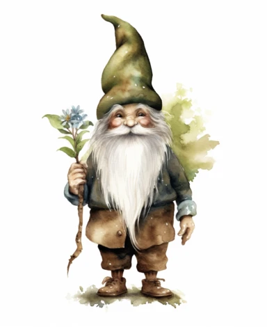 watercolour illustration for clipart, isolated smiling full length woodland gnome, large blue eyes, green and brown clothes, muted earthy tones, botanical, white background, nothing in the background