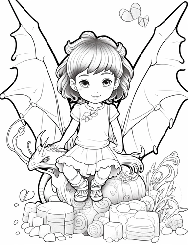 clipart of a little girl coloring page with a dragon, and butterflies, in the style of gothic realism, chinapunk, elaborate borders, furry art, tinycore