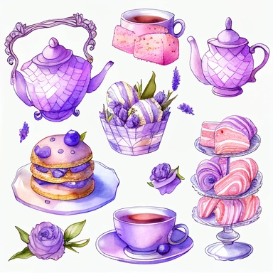 Draw a set of cartoon - style watercolor illustrations of a lavender - themed afternoon tea in shades of purple and pink. The images should have a elegant, refined, and sweet aesthetic, incorporating elements such as lavender - scented desserts, teas, and other culinary items such as macarons, scones, and a teapot. Individual images cliparts