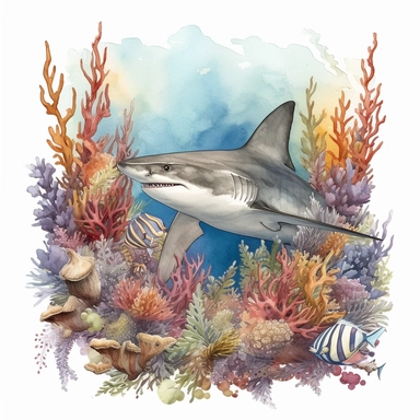 watercolor clipart consist of shark playing around corals and seaweed. The shark is fullbody start from the head untill the tail. The fullbody shark not covered by anything. The great white shark use realistic proportion as original great white shark. Produce very high detailed shark. Left some empty white space around the image frame