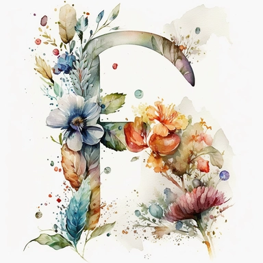 Watercolor botanical flower letter B, clipart, colorful, white background