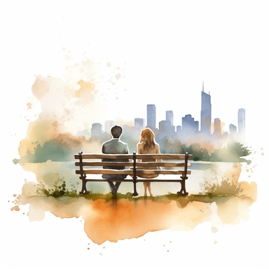 Create a watercolor clipart of a bride and groom sitting together on a park bench, with a city skyline in the distance. No Background