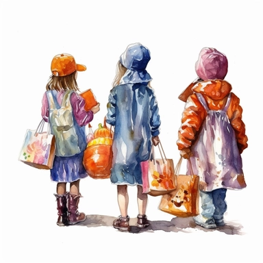 Generate a watercolor clipart image of a group of trick-or-treaters dressed in costumes and holding their candy bags on a Halloween night, white background