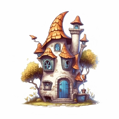 enchanted detailed fantasy fairy tale elf house in cartoon style, creamy warm blue colors on white plane background, impressive, 4k, clipart