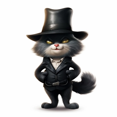 a happy mafia cat, arms folded, fedora hat, ears coming through the hat, long fluffy tail, full body image, pixar style, clipart