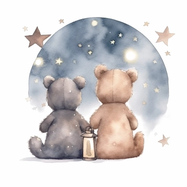 hand drawn pair of teddy bears back facing sitting together looking up at the night sky and the moon and stars, for a nursery, celestial accents, pastel shades, glamorous, watercolor, white background with margins, clipart style