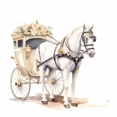 wedding carriage, horse, white colors, decorated, watercolor clipart, bright colors, minimalist, isolated white background, 8k