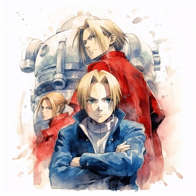 Watercolor fullmetal alchemist brotherhood, multiple poses, separate elements, high quality, high details, pencil draw style, white background, clipart, 8k, f1