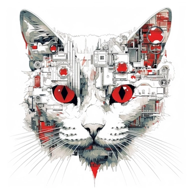 cat, Red eyes, collage quirky cool collage city, Felis catus clipart, white contour, detailed, clean line, hd, on white background, spaced out