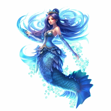 a glowing asian charming mermaid with blue lights on her scales and fins, mermaid fin, full body, delicate detail, artistic interpretations, watercolor, manhwa character design, in the style of artgerm, 2d game art, quadratura, clipart, on white blackground,