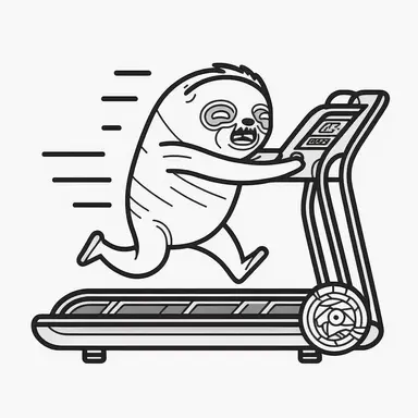 exhausted cartoon sloth on a running machine , black and white, thick lines, simple drawing, sticker art, coloring page, outlined artwork, line art, white backdrop, crisp lines, vector image, svg, clipart style