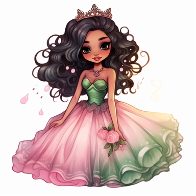 A cute detailed black girl in chibi style, Jasmine Becket - Griffith style, watercolour illustration clipart with real glitter detail, wearing a beautiful pink full length ballgown style dress, the girl has long black hair, the girl has green eyes, full body image, with feet isolated on a white background,
