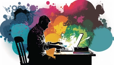 A silhouette of a designer working on a graphic tablet, surrounded by a collage of sleek, vector-based illustrations in a rainbow of colors. The background is a watercolor explosion of vivid hues, representing the current state of clipart as a versatile and diverse medium, hand-drawn, watercolor, wet paint, mixed media 4k, pantone, Dot, Large, Accent Lighting, high detail, Carbonated