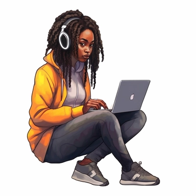 Black girl working on a laptop, cool hacker clothes, dreads, watercolor style, clipart solid white background