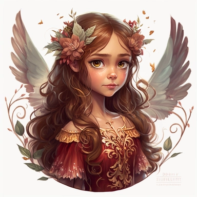 lilly stone, beautiful smiling fairy with large wings, 10 year old girl with long light brown wavy hair, burgundy dress, big eyes, BENTE SCHLICK style illistration, sparklecore, flowers, hyper detailed, white background, mid shot, clipart
