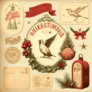die-cut christmas clipart vintage ephemera, photorealistic drawing, NO: [“watermark, signature, write, number, word”]