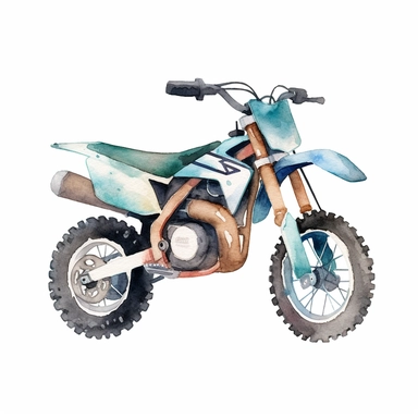 a kids dirtbike, watercolor clipart, minimalist, isolated white background, no angle on view, flat perspective, muted colors, simple design, less details