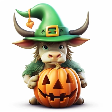 3D super realistic very cute halloween Longhorn Cow with a witch's green hat on his head among pumpkins clipart
