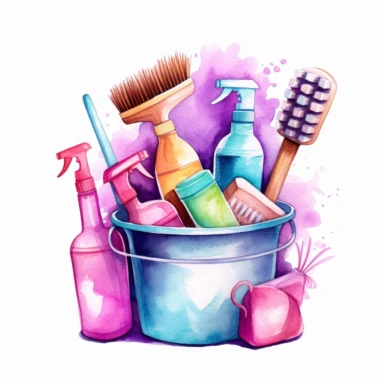 individual housekeeping cleaning items, clipart, cartoon, hyperealistic, kawaii, watercolor, clean white background