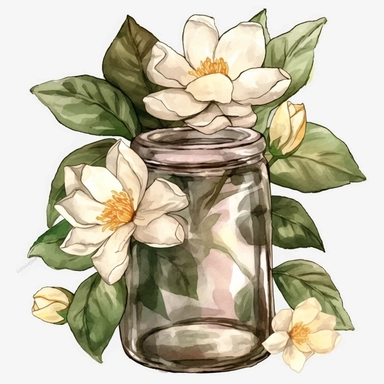 A bunch of gardenia in a glass jar no water mark, water colour clipart