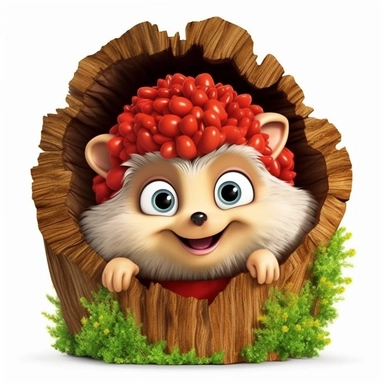 adorable hedgehog with bright eyes and a curious expression. peeking out from a cozy hole in a tree trunk, surrounded by moss, mushrooms, Fairytale Cartoon Art Style, Full Body Image and Appearance, 3D-Designed Character, in style of clipart with no background