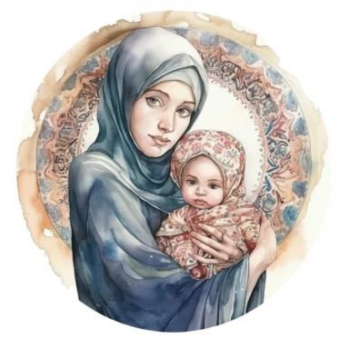 A portrait of a Muslim mother with her hijab carrying her child in her arms in a religious medallion watercolor clipart, realistic,high details, high quality