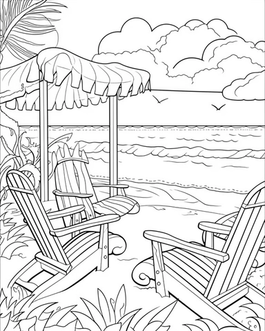 Adult Coloring Book Featuring Fun and Relaxing Beach Vacation Scenes, Peaceful Ocean Landscapes and Beautiful Summer Designs, coloring page line art, black and white clipart for a kids coloring page, simple and clean line art, illustration style,