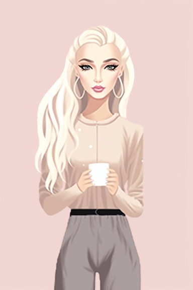 Mary Blair style, minimalistic nordic style single clipart, single beautiful fashion model wearing pyjama holding cup, full body, minimalistic pastel pink color palette, white background