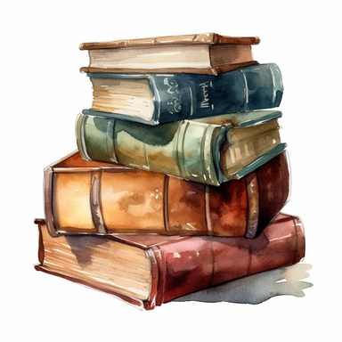 a watercolor of a realistic library stacked books, victorian style, vector free clipart illustration, in the style of unreal engine 5, 32k uhd, detailed features, white background