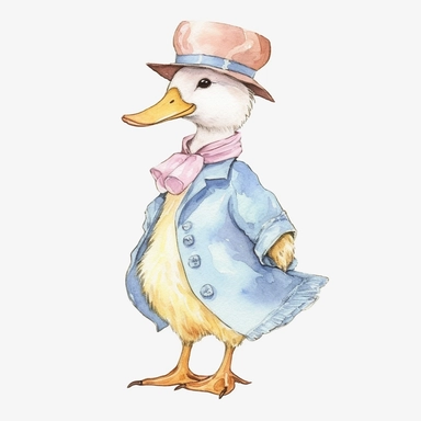 classic Beatrix potter Watercolor svg clipart of a cute adorable jemima puddle duck illustration by Beatrix potter , pastel groom wedding suit , cottage core, png isolated on white background