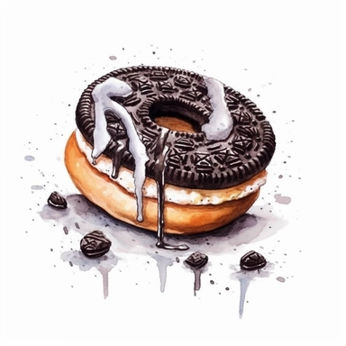 a beautiful detailed watercolor artwork of delicious Oreo donut donut, food art, clipart, clear border, hd, on white background,