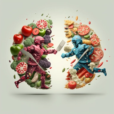 Healthy foods fighting against processed foods, with transparent background, insane detail, HD, 4k, as cartoon,3D clipart