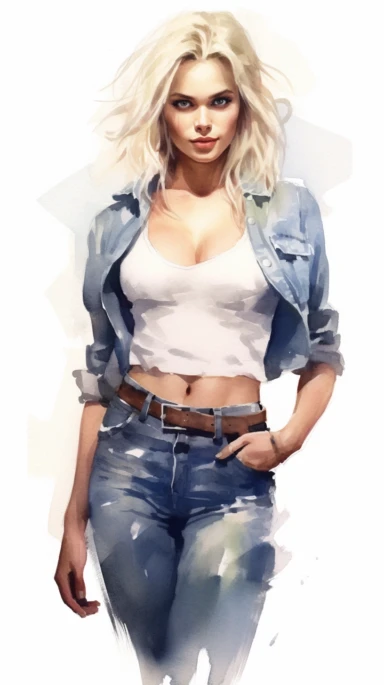 watercolor stylized clipart of a gorgeous norwegian woman bombshell in a white croptop and denim overalls, posing, muscular toned abs, epic light, chaotic,