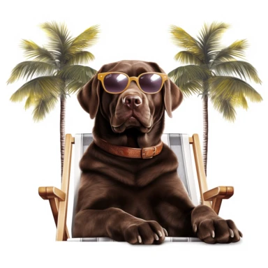 Chocolate labrador retriever wearing sunglasses, laying on a beach chair, white background, cool dog, summer time, clipart, beach, palm tree