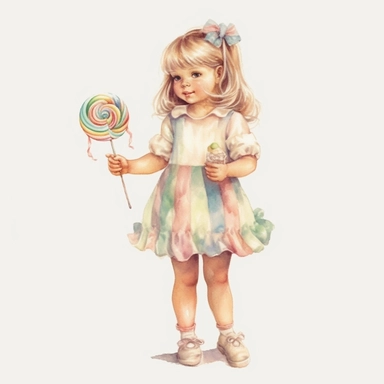 vintage adorable little girl eating rainbow candy, full body, pastel beige colors, clipart style, accurate details, watercolor technique, super high quality, professional watercolor clipart, high resolution