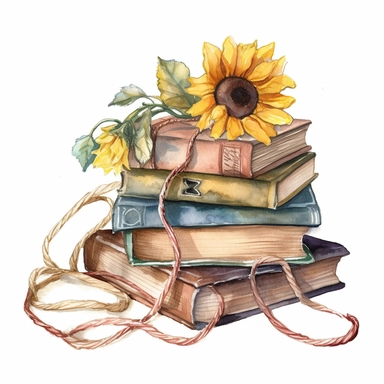 watercolor clipart of beautiful pastel old pile of books wrapped wiith cords and sunflowers ornament, vintage style