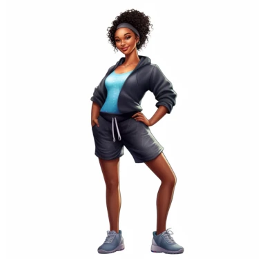beautiful black teenage girl with beautiful flowing short hair, dressed in fitness attire. Full perspective and, long shot A young black woman with full lips and a big beautiful smile, dressed in a jogger, has short flowing hair and beautiful shapely legs, wearing sneakers, clipart in the style of digital airbrushing, feminine sticker art, dollcore, realistic face, realistic body, glamorous,