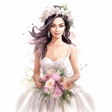 beautiful watercolor fun, happy and cute photorealistic stylish, smiling dark hair bride in white wedding dress and tiara beautiful, whole body, decorated in big pastel and light colors flowers in the style of aquarelist, wedding illustrations award winner, wedding clipart, 8k, white background, intricate details illustrations very detailed, uhd exquisite clothing detail, rimel neffati