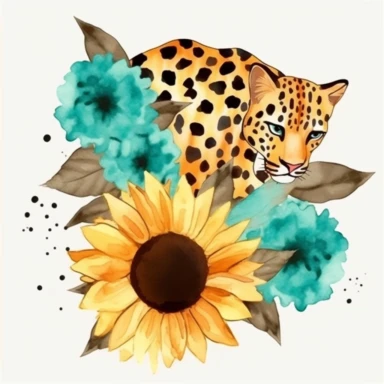 sunflower with turquoise and leopard print elements clipart set watercolor style