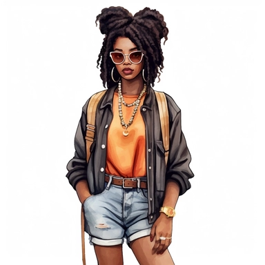 Black girl with old school fashion clothes, watercolor style, clipart solid white background