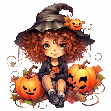 a happy little cute curly girl in a five-year-old witch's hat, pumpkin, web, spider, red, brown, style by Lusy Fleming, folk art, watercolor, clipart elements, smooth gradients, black contour outline, ultra detailed, white background, super clear, high quality