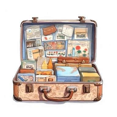 watercolor, hyper realistic, white background, white margins, 16k, ultra detailed clipart, cut out image, hand-drawn, whimsical manhwa style, ultra HD, sharp and clean art a vintage suitcase decorated with vintage postage stamps from around the world, symbolizing a collection of travel memories and the enduring charm of handwritten correspondence. earthy brown pastel
