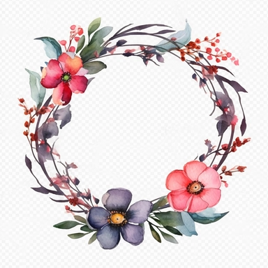 Springwood circle flower Christmas watercolor composition with twigs on a white background. wreath, frame, and border. Greeting card, poster, banner with space for text CUTE STICKER Frealistic cartoon in 32K UHD cute. 15 cm thick outline. Black color. There was no shadow on the ground. 8k with realistic watercolors and detailed illustrations. PNG clipart, transparent white background
