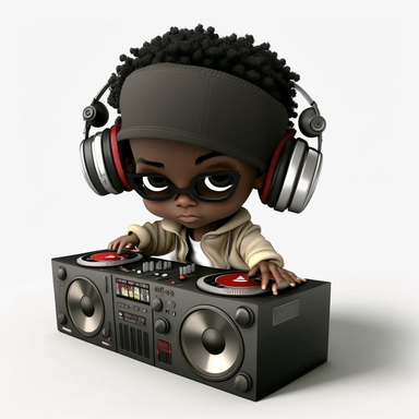 Black hip hop chibi boy png clipart, burgundy color black hip hop boy, African American black man dj behind turntable, 3d, white background