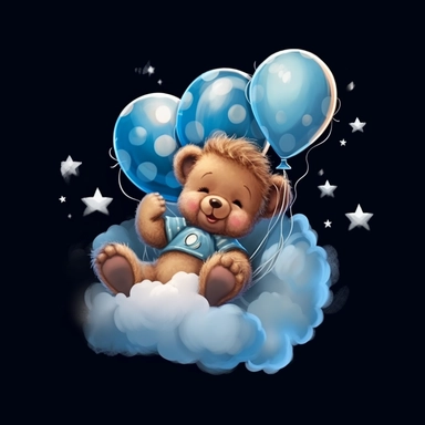 a smiling sleeping brown baby teddybear laying on a cloud, wearing a blue bib, tied in blue and white balloons, clipart, black background