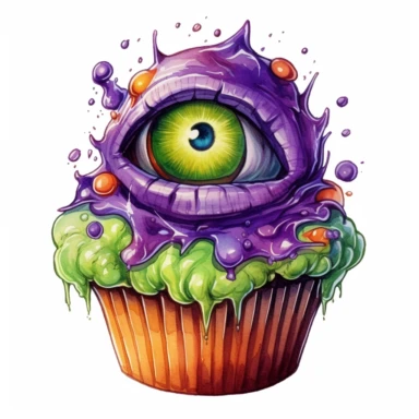 delicious halloween cupcake with brains, eyeballs and teeth, watercolour illustration clipart, extremely detailed, 4k, high quality, colour scheme black, purple, lime green, orange, isolated on white background