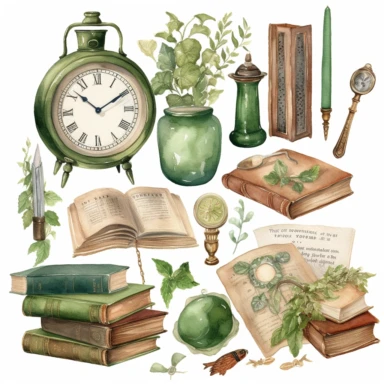 Watercolor Cottagecore vintage clipart bundle, Green Witch Cottage, stack of vintage books clipart, feathers with inkwell clipart, stack of letters clipart, vintage clock clipart, photorealistic concept highly detailed painting, Old books, coffee mill, pocket watch, a bunch of keys, Old fashioned romantic collection, Scrapbooking clip art, atmospheric watercolor illustration on a white background