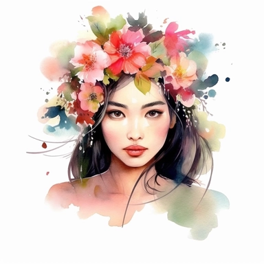 watercolor style, asian-origin girl with flowers on her head clipart, isolated on white background, hd